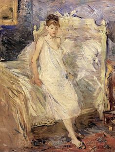 a painting of a woman in a white dress sitting on a bed