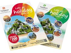 two flyers for a holiday with pictures of the beach and hotels on them are shown in three different colors