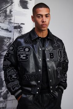 Patched Varsity Jacket, Varsity Jacket Outfits Men, Black Varsity Jacket Outfit Men, All Black Varsity Jacket, Black Varsity Jacket Outfit, Varsity Jacket Outfit Mens, Black Male Fashion, Venom Oc, Amazon Jacket