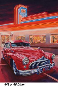 a painting of an old car in front of a diner