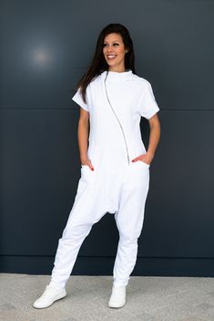 White Overall Jumpsuits And Rompers With Pockets, White Jumpsuits And Rompers With Pockets For Loungewear, White Stretch Casual Onesie, White Overall Jumpsuits And Rompers For Loungewear, White Short Sleeve Jumpsuits And Rompers For Loungewear, Casual White Stretch Onesie, White Overalls Jumpsuit With Pockets, White Long Sleeve Jumpsuit With Pockets, Sporty High-stretch White Jumpsuits And Rompers