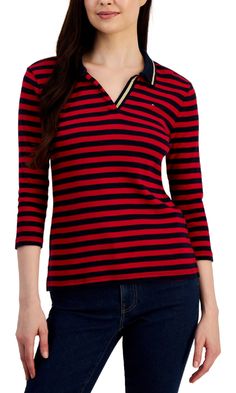 Look timelessly stylish in this striped collared top from Tommy Hilfiger| made from 100% cotton| Tommy Hilfiger Polo Shirt, Tommy Hilfiger Top, Johnny Collar, Collared Top, Tommy Hilfiger Logo, Tommy Hilfiger Polo, 50 Style, Polo Top, Tommy Hilfiger Tops