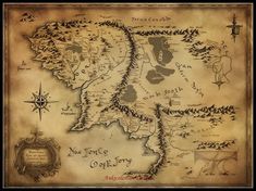 the middle earth map from lord of the rings, which is drawn on parchment paper