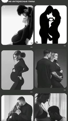 some black and white photos with different people in the same photo, one is pregnant