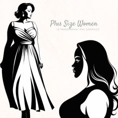 a woman in a dress standing next to another woman with her hair pulled back and the words plus size women on it