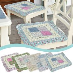 four placemats and two chairs on a porch with the same pattern in different colors