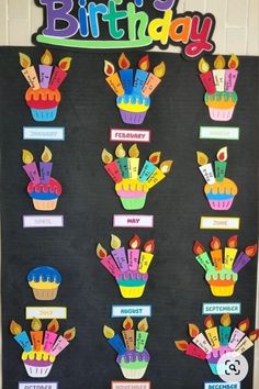 a birthday bulletin board with colorful cupcakes and candles on it's side