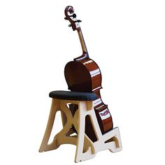 a cello sitting on top of a wooden chair