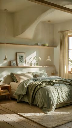 a bedroom with a large bed and two windows in the corner, along with a rug on the floor