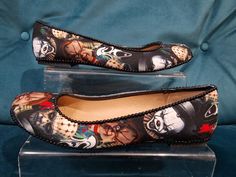 Horror inspired flat shoes, choose your size.  Inspired by all the halloween films you can imagine  fabric cover for durability and finished with black pearls. Halloween Films, Dolly Shoes, Halloween Film, Black Pearls, Horror Film, Horror Films, Black Pearl, Flat Shoes, Fabric Covered