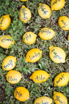 yellow lemons with writing on them sitting in the grass