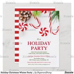 a holiday party flyer with candy canes and pine cones on it's side