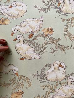 a hand is touching the wall paper with ducks on it