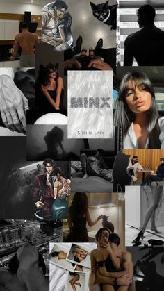 a collage of black and white images with people in the background, one woman sitting on a bed