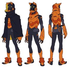 three different views of an orange and black character