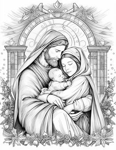 a black and white drawing of the virgin mary holding a baby jesus in her arms