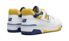 The New Balance 550 “LA Rams” is a colorway of the old school sneaker that shows love to the Los Angeles Rams.  Unofficially inspired by the NFL franchise, the “LA Rams” New Balance 550 isn’t actually affiliated with the team, but that doesn’t detract from the shoe’s appeal.  White leather appears on the shoe’s base and overlays.  A contrasting yellow “N” logo is located on both sides.  Blue “NB” branding is found on the heel and on the tongue tag.  The collar features yellow mesh with a blue le New Balance 550 White Orange, New Balance Yellow High-top Sneakers, New Balance Yellow Low-top Sneakers, Balance 550, N Logo, La Rams, Los Angeles Rams, New Balance Shoes, Stadium Goods