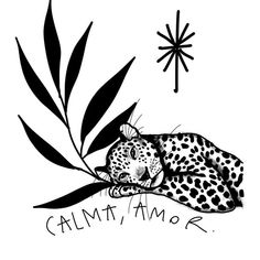 a black and white drawing of a cheetah laying on the ground next to a plant