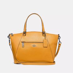 Refined Pebble Leather Inside Zip Pocket Zip-Top Closure, Fabric Lining Handles With 5" Drop Outside Zip Pocket Detachable Strap With 21" Drop For Shoulder Or Crossbody Wear 10 1/2" (L) X 8 3/4" (H) X 3 3/4" (W) Bags Coach, Zip Top, Orange Yellow, Color Orange, 4 H, Pebbled Leather, Coach Bags, Zip Pockets, Satchel