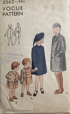 Sewing Pattern for Boys and Girls: Double or single breasted coat with notched or shaped collar; flap pockets, long sleeves, center back vent, optional belt in back. Vogue pattern #2562, 1951. Child size 2, height 29"; breast 21". Complete, unprinted pattern in great shape; some wear on the envelope and Eaton's stamp on the front. Shipping rates listed are for regular airmail shipping; tracking and insurance not included. If you prefer to add these tracking and insurance, please message for more Sewing Patterns Girls, Vogue Pattern, Mail Delivery, Single Breasted Coat, Sewing Patterns For Kids, Clothes Sewing Patterns, Boys Coat, Girl Pattern, Vintage Sewing Patterns