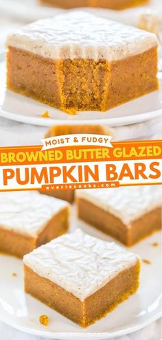 two pictures of pumpkin bars with frosting on them