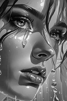 a woman with tears on her face and water dripping from her eyes, in black and white