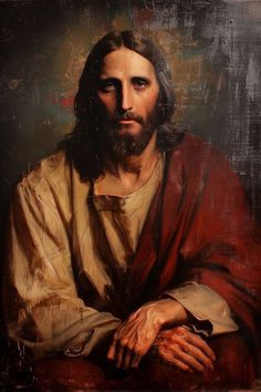 a painting of jesus with his hands folded over his chest and looking at the camera