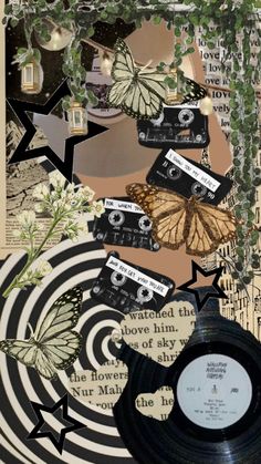 a collage of old records and butterflies