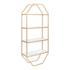 a gold metal shelf with glass shelves