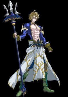 an anime character is holding a large blue and white staff with one hand on his hip