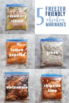 five freezer friendly chicken marinades are shown in four different bags with the words, frozen