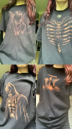 three different views of a woman's t - shirt with the skeleton on it