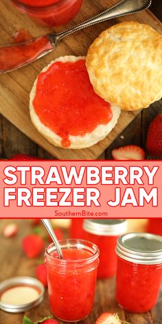 strawberry freezer jam with fresh strawberries in the background