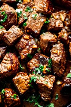 close up of meat with parsley on top and text overlay that reads slow cooker steak