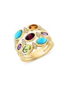 Bloomingdale's Fine Collection Turquoise, Amethyst, Citrine, Rhodolite, Peridot & Diamond Triple Row Ring in 14K Yellow Gold - Exclusive Multicolor Cabochon Gemstones Fine Jewelry, Multicolor Cabochon Gemstones For Fine Jewelry, Fine Jewelry Multicolor Cabochon Gemstones, Yellow Gold Multi-stone Fusion Gemstones, Fusion Style Multi-stone Yellow Gold Gemstones, Luxury Multi-stone Yellow Gold Gemstones, Fusion Style Oval Multi-stone Gemstones, Heirloom Multi-stone Yellow Gold Gemstones, Elegant Turquoise Multi-stone Gemstones