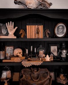 an old bookcase with skulls and other items on it's shelves in a room