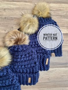 two blue knitted hats with brown pom - poms on top and the words winter hat pattern below