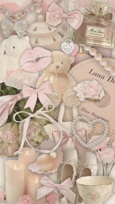 a collage of pink roses, teddy bears and other items