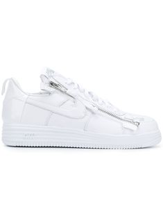 White leather Acronym X Lunar Force 1 Air sneakers from Nike featuring a round toe, a lace-up front fastening, a side zip fastening, a signature Nike swoosh, a pull tab at the rear, a logo patch at the tongue and a thick rubber sole. White Sporty Sneakers With Front Lace-up, White Sporty Lace-up Sneakers, Leather Sneakers With Zipper For Streetwear, Low-top Sneakers With Zipper For Streetwear, Low-top Sneakers With Zipper Closure For Streetwear, White High-top Sneakers With Zipper, White Sporty High-top Sneakers With Lace-up Fastening, White High-top Sneakers With Lace-up Fastening For Streetwear, White High-top Sneakers With Lace-up Fastening