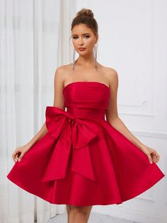 Elegant, Fashionable, Popular, Delicate, Romantic And Cute Women's Dress, Red Satin, With Built-In Breast Pads To Prevent Exposure, 3D Large Bow Decoration And Gathered Design; High Waist, A-Line Hem, Fluffy Princess Style, Suitable For Music Festivals, Graduations, Homecomings, Parties, Cocktail Parties And More. Red   Sleeveless Woven Fabric Plain Fit and Flare Non-Stretch  Weddings & Events, size features are:Bust: ,Length: ,Sleeve Length: Red Cupcake Dress, Red Birthday Dress Plus Size, Red Dress With Bow On Back, Night In Paris Homecoming, 13th Birthday Dress, Red Homecoming Dresses Long, Red And Green Dress, Red Dress With Bow, Red Bow Dress