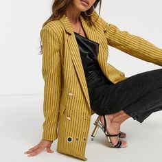 Beautiful Mustard Stripe Blazer Which Can Be Worn To The Office Or To Brunch! Gold Chic Single Breasted Outerwear, Chic Gold Double-breasted Outerwear, Chic Gold Single-breasted Outerwear, Gold Outerwear For Work In Spring, Chic Gold Blazer For Fall, Gold Blazer For Spring Workwear, Gold Blazer For Workwear In Spring, Chic Gold Long Sleeve Blazer, Chic Yellow Blazer