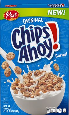 a box of cereal with the word chips ahoy on it