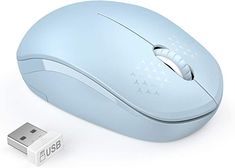 a blue computer mouse next to a usb cable