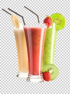 three smoothies with strawberries, kiwis and bananas on the side png