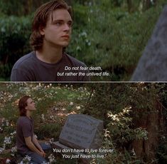 two different views of the same person sitting in front of a gravestone, one with a quote on it