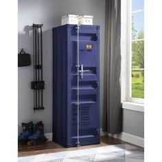 a large blue storage cabinet in a room