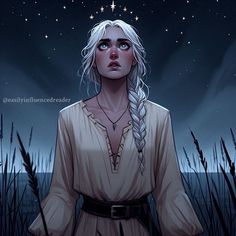 a woman with white hair and braids standing in tall grass under a night sky