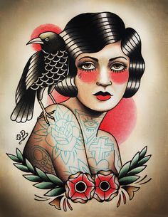 a woman with tattoos and a bird on her shoulder is shown in this tattoo design