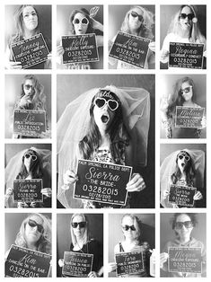 black and white photo collage of brides holding signs