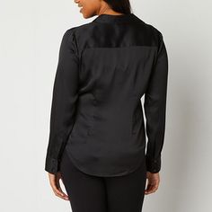 This satin women's blouse by Worthington is a tailored, on-trend essential to wear to the office with chinos or jeans and boots. It has a spread collar, v-neckline, long sleeves, button cuffs, a curved hem for easy layering, and a button-down placket.Closure Type: ButtonFit: Regular FitNeckline: Collar NeckSleeve Length: Long SleeveSleeve Style: Cuffed SleeveApparel Length: 25.75 InchesFiber Content: 100% PolyesterFabric Description: SatinCollar: Point CollarCare: Tumble Dry, Machine WashCountr… Slim Fit Button-up Blouse, Slim Fit Button-up Blouse With Buttons, Sleek Fitted Blouse With Buttons, Slim Fit Blouse With Buttons For Business Casual, Slim Fit Button Blouse For Business Casual, Fitted Tops With Placket And Shirttail Hem, Fitted Top With Placket And Shirttail Hem, Sleek Fitted Tops With Button Closure, Sleek Tops With Buttons